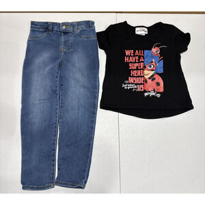 Girls Clothes Size 6 Blue Denim Jeans & Graphic Print Black T-Shirt Short Sleeve